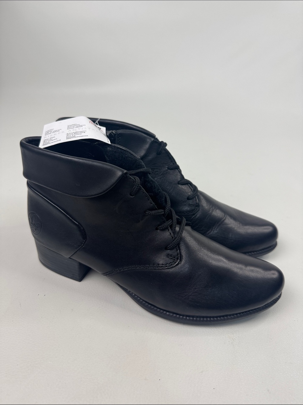 Rieker Black leather Lace-Up Ankle Booties with Low Heel 38 (8) NEW NWT